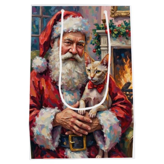 Santa Claus Holding Sphynx Cat Christmas Art Mittlere Geschenktüte (Rückseite)