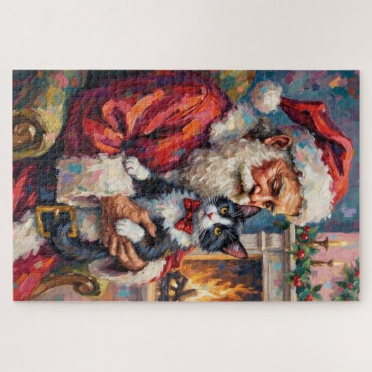 Santa Claus Holding Tuxedo Cat Christmas Art Puzzle (Horizontal)