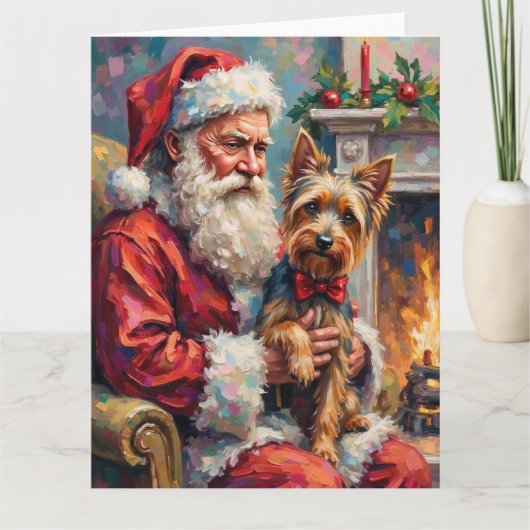 Santa Claus Holding Yorkshire Terrier Christmas Karte (Vorderseite)