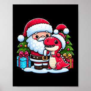 Santa Claus Hugs T Rex Dinosaur Weihnachtsmatching Poster