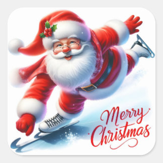 Santa Claus Ice Skaten am Wintertag Quadratischer Aufkleber