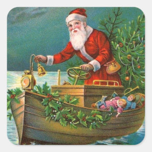 Santa Claus im Boot Quadratischer Aufkleber