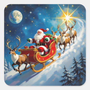 Santa Claus im Wasserfarben-Schlitten zu Weihnacht Quadratischer Aufkleber