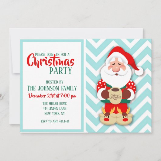 Santa Claus in red pajamas holding a mug Einladung (Vorderseite)