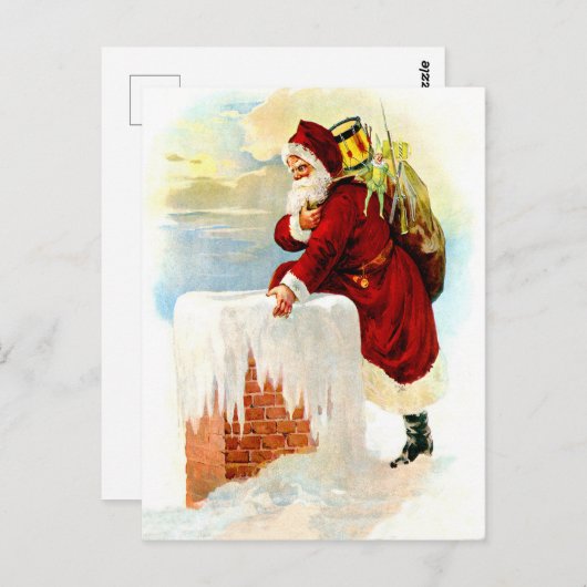 Santa Claus is coming through chimney with toys Postkarte (Vorne/Hinten)