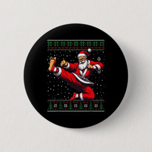 Santa Claus Karate Martial Arts Ugly Christmas Swe Button