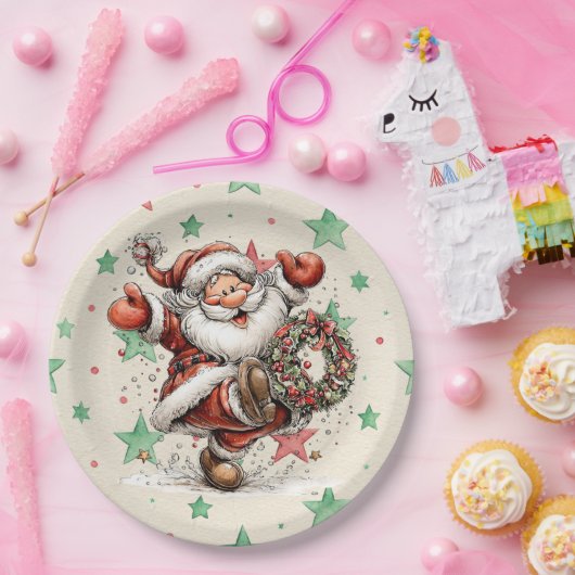 Santa Claus Kicking A Christmas Wreath Pappteller (Party)