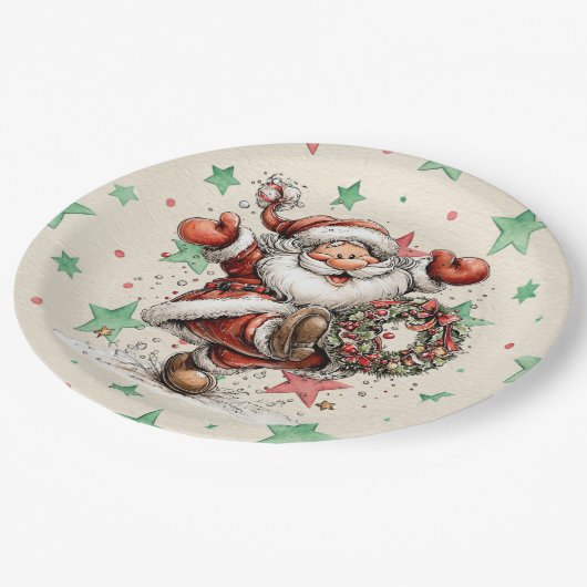 Santa Claus Kicking A Christmas Wreath Pappteller (Schrägansicht)