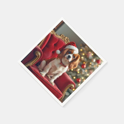 Santa Claus King Charles Spaniel auf einem roten S Serviette (Ecke)