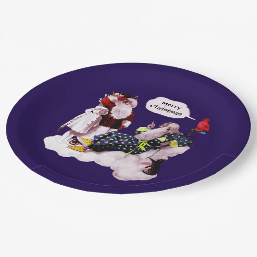 SANTA CLAUS, KLEINE ANGEL & MERLIN Weihnachtsgebäc Pappteller (Schrägansicht)