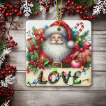 Santa Claus Liebe Lights Kinder Keramik Ornament<br><div class="desc">An der Vorderseite dieses Sake Keramik-Ornament für ein Kind ist Porträt des Weihnachtsmannes in seinem klassischen roten Holiday Anzug und Hut. Er ist umgeben von bunten Geschenken, Dekorationen und einem Bonbons. Vor ihm steht ein Schild, das "LIEBE" mit dekorativen Lichtern auf ihr sagt. Die Rückseite des Ornaments hat eine frohe...</div>