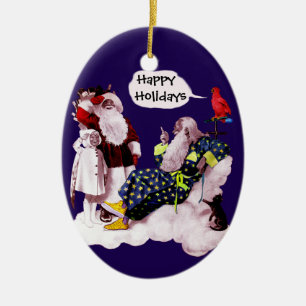 SANTA CLAUS, LITTLE ANGEL & MERLIN Christmas Party Keramikornament