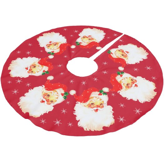 Santa Claus Mandala & Schneeflocken auf Rot Polyester Weihnachtsbaumdecke (Schrägansicht)