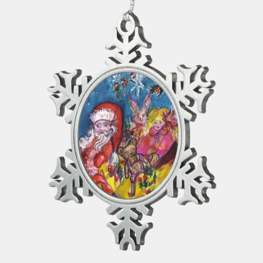 SANTA CLAUS MIT CHRISTMAS GIFT SACK AND TOYS SCHNEEFLOCKEN Zinn-Ornament (Rechts)