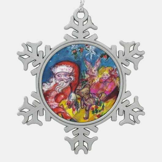 SANTA CLAUS MIT CHRISTMAS GIFT SACK AND TOYS SCHNEEFLOCKEN Zinn-Ornament (Vorderseite)