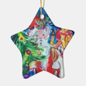 SANTA CLAUS MIT CHRISTMAS TREM UND GIFTS Red Ruby Keramik Ornament (Links)