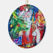 SANTA CLAUS MIT CHRISTMAS TREM UND GIFTS Red Ruby Keramikornament (Links)