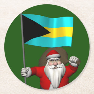 Santa Claus mit der Flagge der Bahamas Runder Pappuntersetzer