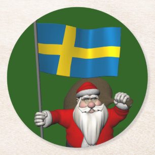 Santa Claus mit der Flagge Schwedens Runder Pappuntersetzer