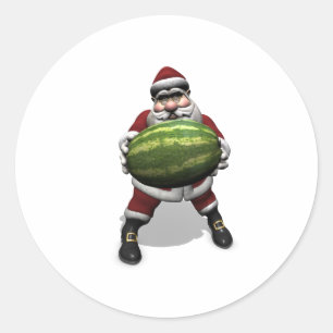 Santa Claus mit riesiger Wassermelone Runder Aufkleber