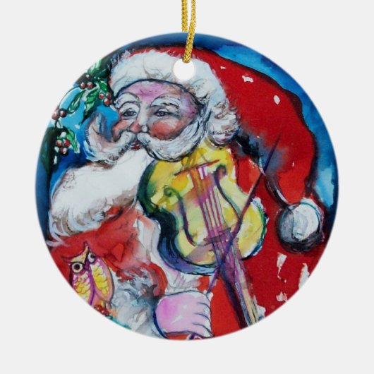 SANTA CLAUS MIT VIOLIN, MUSIK CHRISTMAS Red Ruby Keramikornament (Vorne)