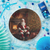 Santa Claus mit Weihnachtsbaum und Kamin Pappteller (Party)
