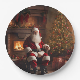 Santa Claus mit Weihnachtsbaum und Kamin Pappteller
