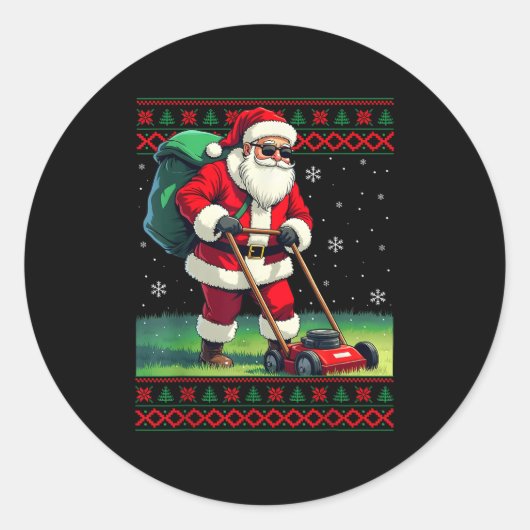 Santa Claus Mowing Lawn Ugly Christmas Holiday Boy Runder Aufkleber (Vorderseite)