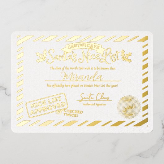Santa Claus Nice List Certificate Custom Gold Folieneinladung (Vorderseite)
