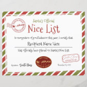 Santa Claus Nice Liste, Santa Nice List Zertifikat (Vorderseite)