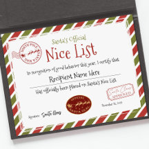 Santa Claus Nice Liste, Santa Nice List Zertifikat