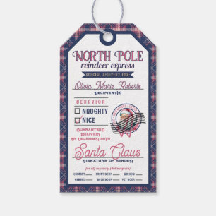 Santa Claus North Pole Pink & Blue Karierte Weihna Geschenkanhänger