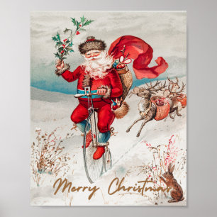 Santa Claus on a penny farthing with reindeer Poster