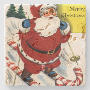Santa Claus on Candy Cane Skis Christmas Steinuntersetzer