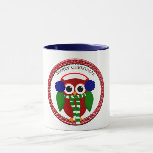 Santa Claus Owl mit einem Tuch und blauen Ohrmusch Tasse