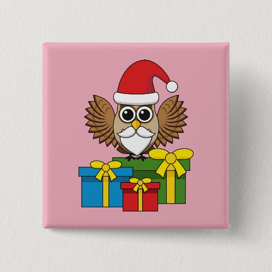 Santa Claus Owl mit Geschenken Button (Vorderseite)