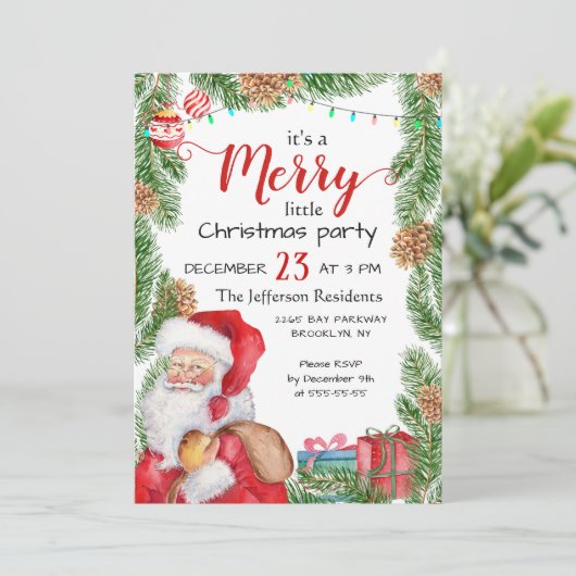 Santa Claus Pine Branch Frohe Weihnachts-Party Einladung (Stehend Vorderseite)