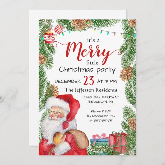 Santa Claus Pine Branch Frohe Weihnachts-Party Einladung (Vorne/Hinten)