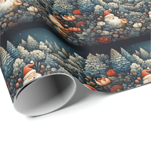 Santa Claus Pine Tree Forest Red Flowers Geschenkpapier (Rolleneckpunkt)