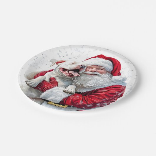 Santa Claus & Pitbull Puppy Dog, Papierplatte Pappteller (Schrägansicht)