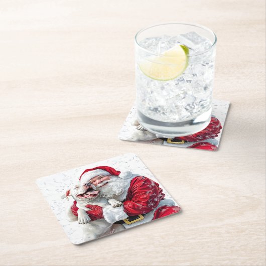 Santa Claus & Pitbull Puppy Dog, Papierplatte Rechteckiger Pappuntersetzer (Vor Ort)