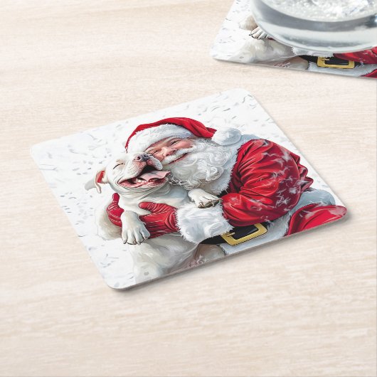 Santa Claus & Pitbull Puppy Dog, Papierplatte Rechteckiger Pappuntersetzer (angewinkelt)