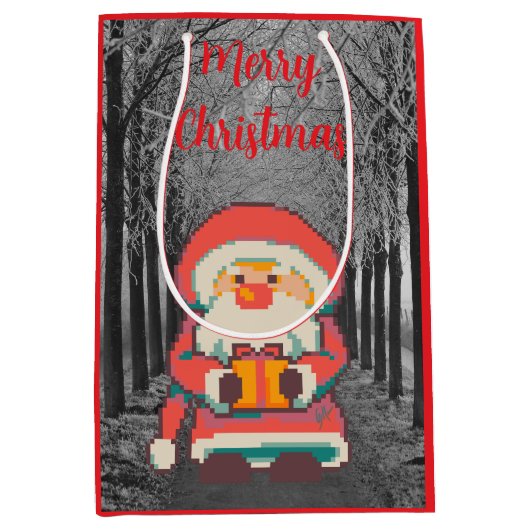 Santa Claus Pixelart Merry Christmas, Pixel Art  Mittlere Geschenktüte (Vorderseite)