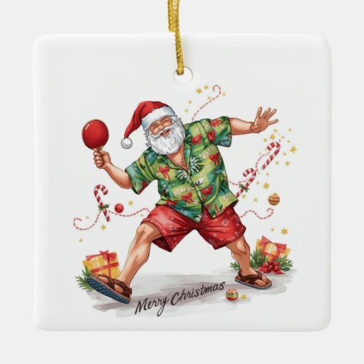 Santa Claus playing ping pong in a Hawaiian shirt Keramikornament (Vorderseite)