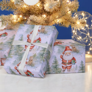 Santa Claus Puppy Snow Modern Weihnachten Geschenkpapier