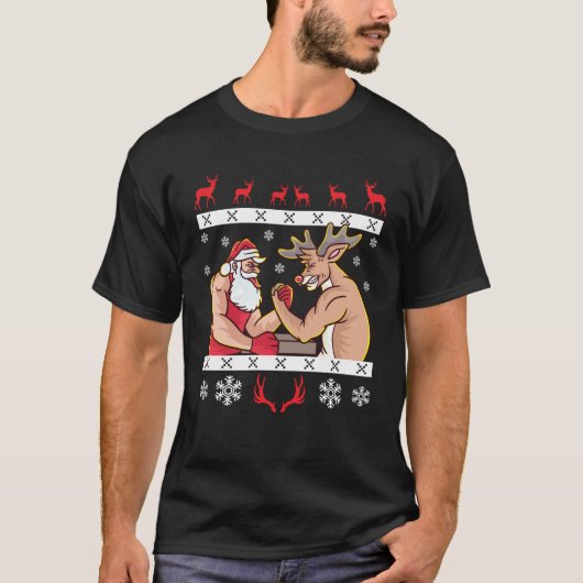 Santa Claus Reindeer Arm Wrestling Ugly Christmas T-Shirt (Vorderseite)