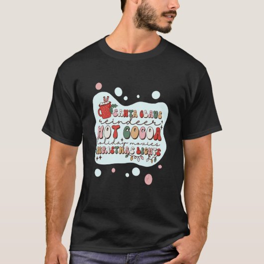 Santa Claus Reindeer Hot Cocoa und Weihnachtslicht T-Shirt (Vorderseite)