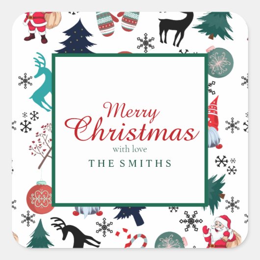 Santa Claus Reindeer Pine Trees Mittens Quadratischer Aufkleber (Vorderseite)