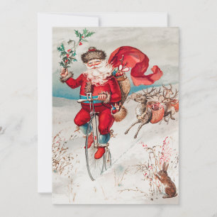Santa Claus Reitrad, Rentier und Kaninchen Feiertagskarte