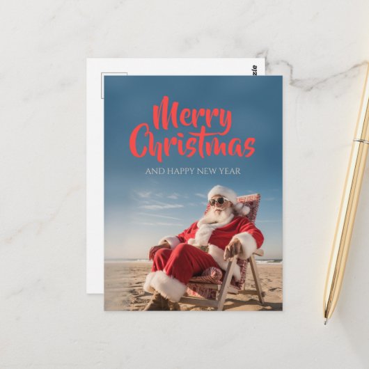 Santa Claus Relaxen auf der Strandstube Postkarte (Vorderseite/Rückseite Beispiel)